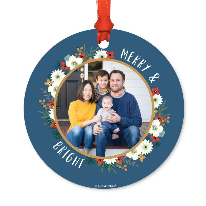 Photo Custom Metal Christmas Ornament, Red Love Peace Joy, Includes Ribbon and Gift Bag-Set of 1-Andaz Press-White Snowflakes-