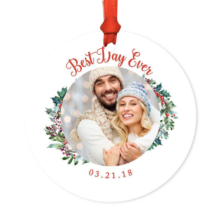 Photo Custom Metal Christmas Ornament, Red Love Peace Joy, Includes Ribbon and Gift Bag-Set of 1-Andaz Press-Best Day-