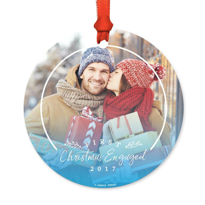 Photo Custom Metal Christmas Ornament, Red Love Peace Joy, Includes Ribbon and Gift Bag-Set of 1-Andaz Press-Engaged Holiday Blue-