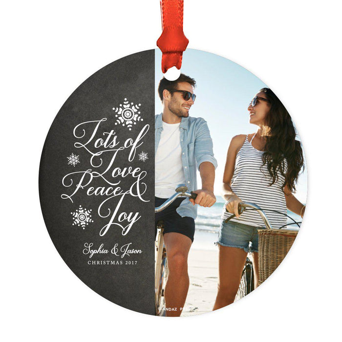 Photo Custom Metal Christmas Ornament, Red Love Peace Joy, Includes Ribbon and Gift Bag-Set of 1-Andaz Press-Engaged Love Peace-