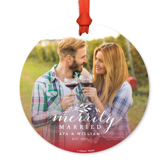 Photo Custom Metal Christmas Ornament, Red Love Peace Joy, Includes Ribbon and Gift Bag-Set of 1-Andaz Press-Merrily Married-