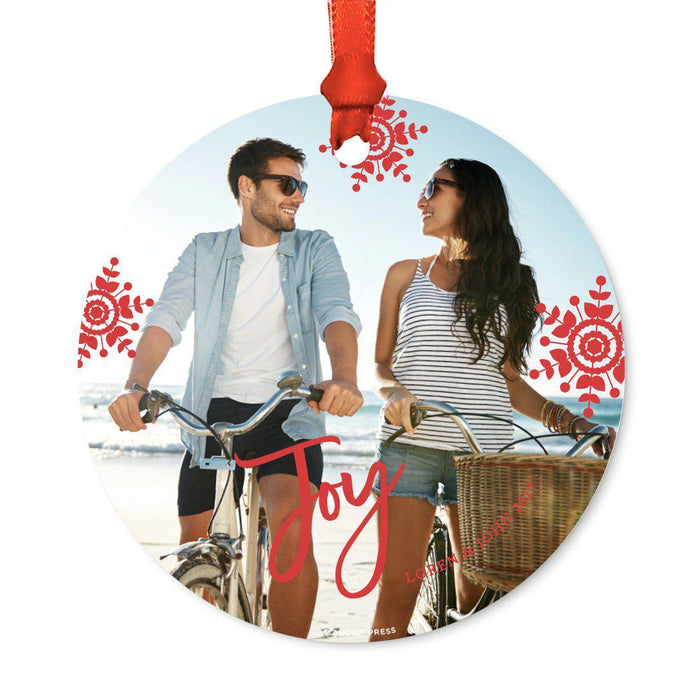 Photo Custom Metal Christmas Ornament, Red Love Peace Joy, Includes Ribbon and Gift Bag-Set of 1-Andaz Press-Stylistic Red Joy-