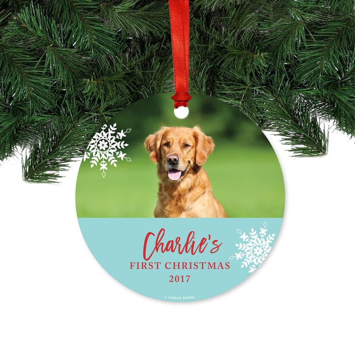 Photo Personalized Aqua & Red Animal Round Metal Christmas Ornament, Custom Name-Set of 1-Andaz Press-