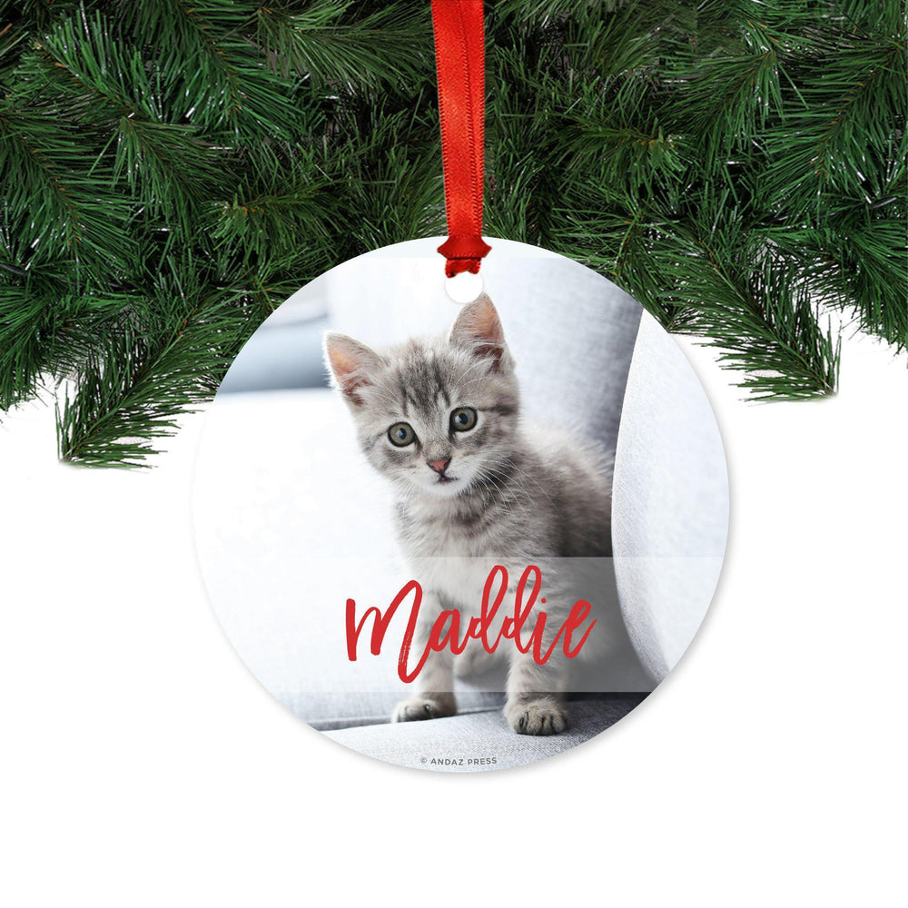 Photo Personalized Custom Name Pet Round Metal Christmas Ornament-Set of 1-Andaz Press-