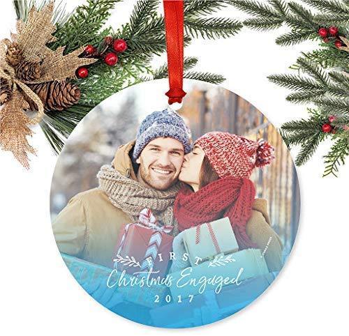 Photo Personalized Metal Christmas Ornament, First Christmas Engaged, Custom Year, Holiday Blue Family Bride Groom Name Date-Set of 1-Andaz Press-