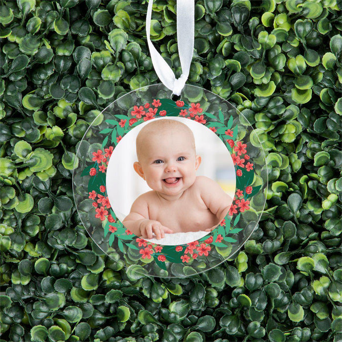 Photo Personalized Round Clear Acrylic Christmas Tree Ornament Keepsake, Photo Designs-Set of 1-Andaz Press-Minimal Foliage-