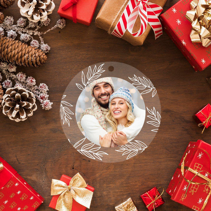 Photo Personalized Round Clear Acrylic Christmas Tree Ornament Keepsake, Photo Designs-Set of 1-Andaz Press-Minimal Foliage-