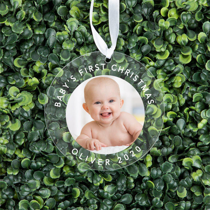 Photo Personalized Round Clear Acrylic Christmas Tree Ornament Keepsake, Photo Designs-Set of 1-Andaz Press-Baby's First Christmas-