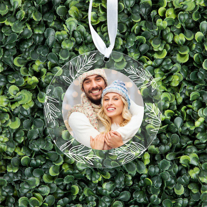 Photo Personalized Round Clear Acrylic Christmas Tree Ornament Keepsake, Photo Designs-Set of 1-Andaz Press-Minimal Foliage-