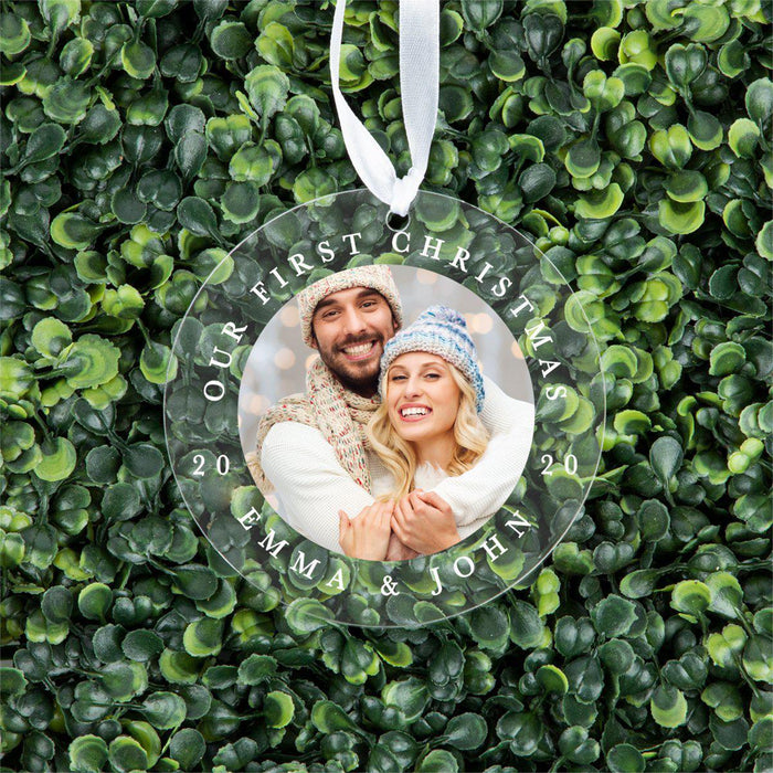 Photo Personalized Round Clear Acrylic Christmas Tree Ornament Keepsake, Photo Designs-Set of 1-Andaz Press-Our First Christmas-