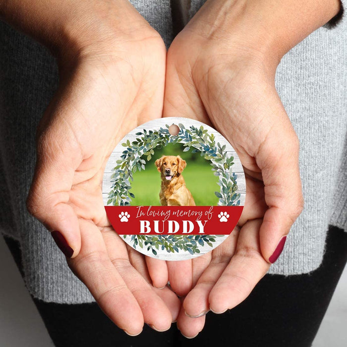 Photo Personalized Round Metal Christmas Dog Ornament Keepsake, Pet Memorial Ideas-Set of 1-Andaz Press-Loving Memory-