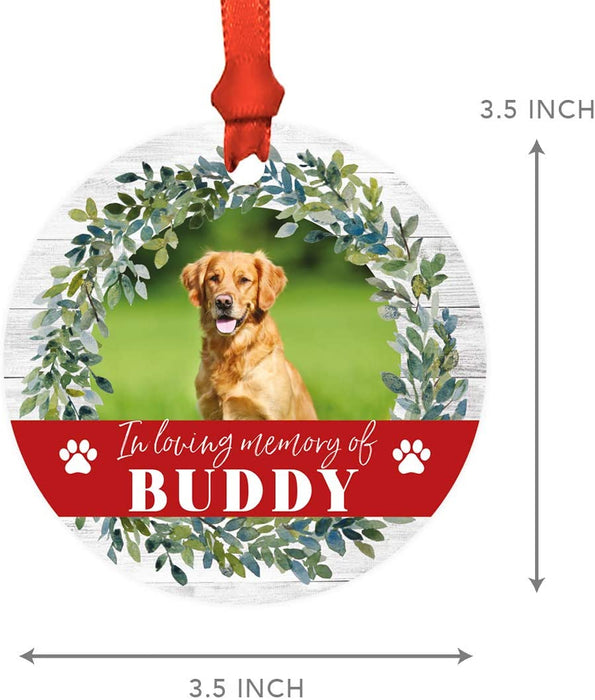 Photo Personalized Round Metal Christmas Dog Ornament Keepsake, Pet Memorial Ideas-Set of 1-Andaz Press-Loving Memory-