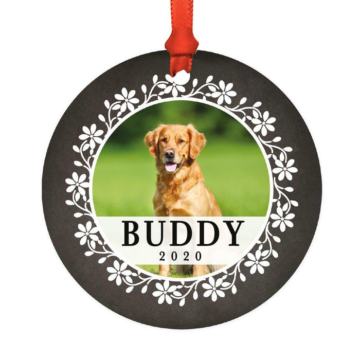 Photo Personalized Round Metal Christmas Dog Ornament Keepsake, Pet Memorial Ideas-Set of 1-Andaz Press-Loving Memory-