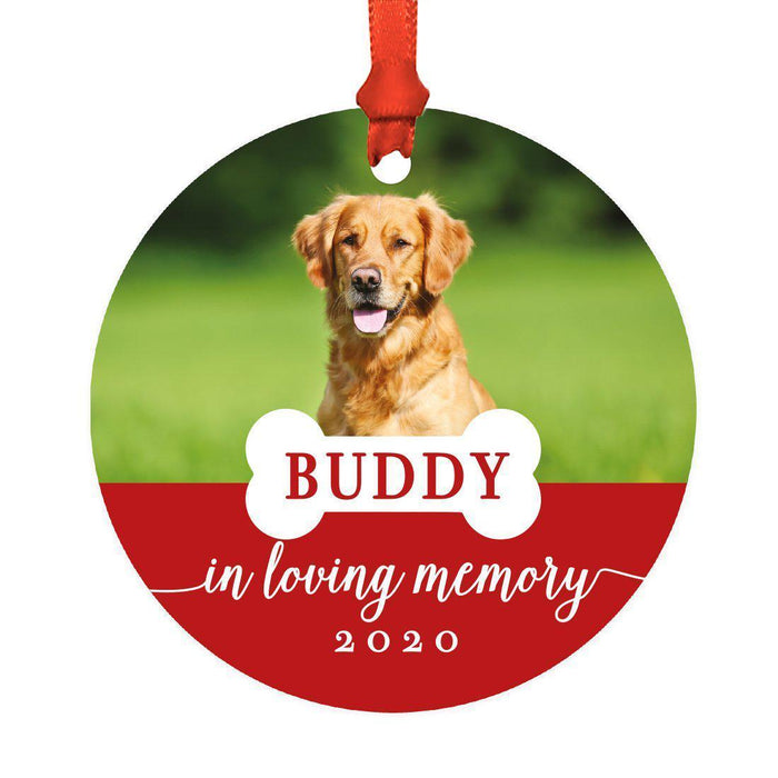 Photo Personalized Round Metal Christmas Dog Ornament Keepsake, Pet Memorial Ideas-Set of 1-Andaz Press-Loving Memory-