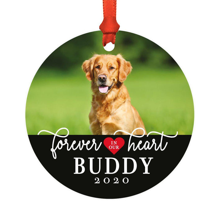 Photo Personalized Round Metal Christmas Dog Ornament Keepsake, Pet Memorial Ideas-Set of 1-Andaz Press-Loving Memory-