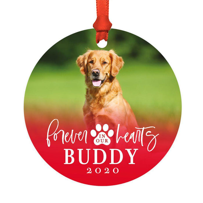 Photo Personalized Round Metal Christmas Dog Ornament Keepsake, Pet Memorial Ideas-Set of 1-Andaz Press-Loving Memory-