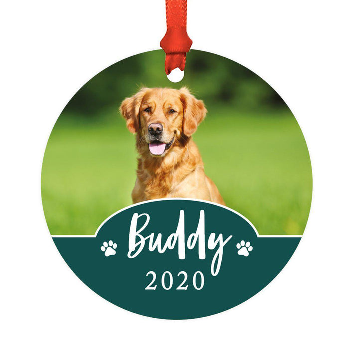 Photo Personalized Round Metal Christmas Dog Ornament Keepsake, Pet Memorial Ideas-Set of 1-Andaz Press-Green with White Paws-