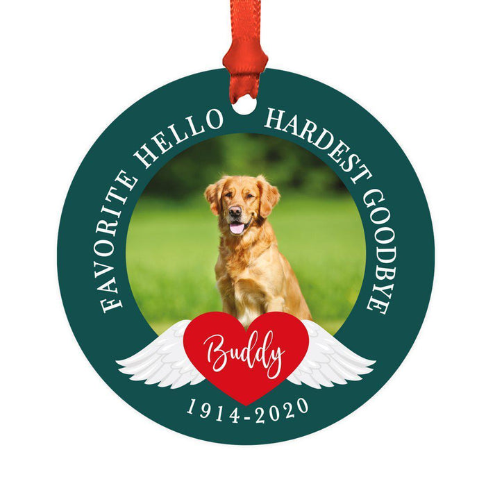 Photo Personalized Round Metal Christmas Dog Ornament Keepsake, Pet Memorial Ideas-Set of 1-Andaz Press-Hardest Goodbye-