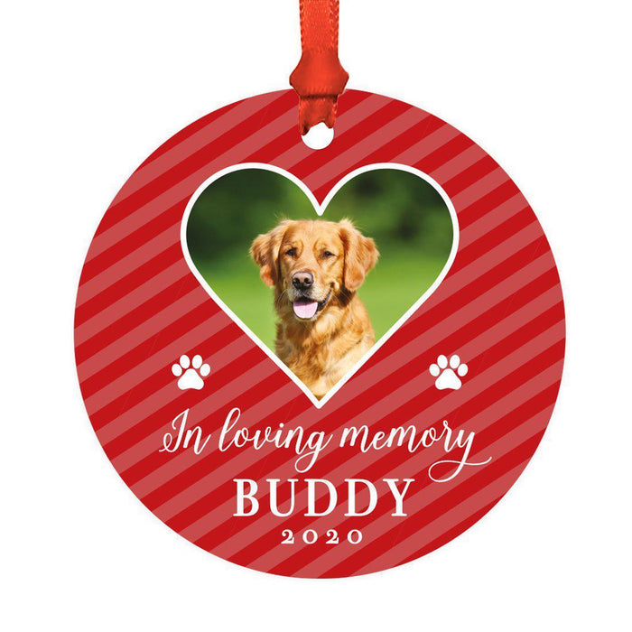 Photo Personalized Round Metal Christmas Dog Ornament Keepsake, Pet Memorial Ideas-Set of 1-Andaz Press-Heart and Red Stripes-