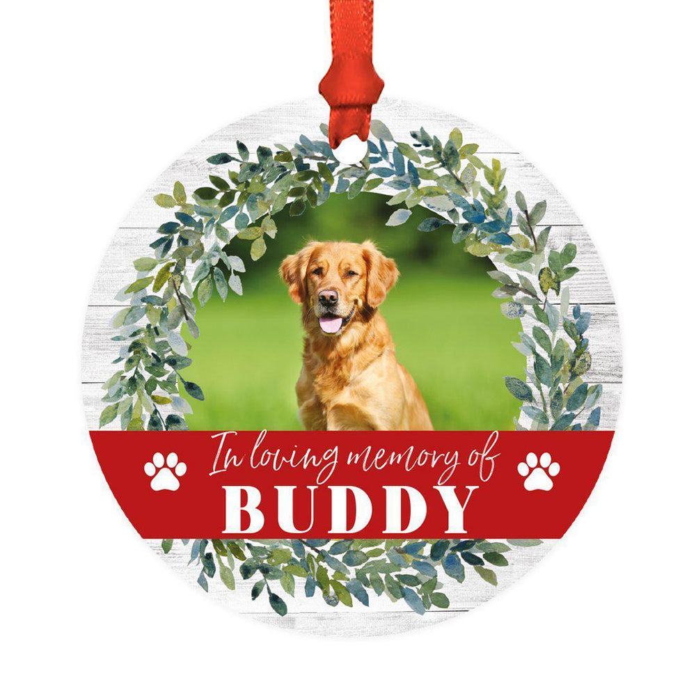 Photo Personalized Round Metal Christmas Dog Ornament Keepsake, Pet Memorial Ideas-Set of 1-Andaz Press-Loving Memory-