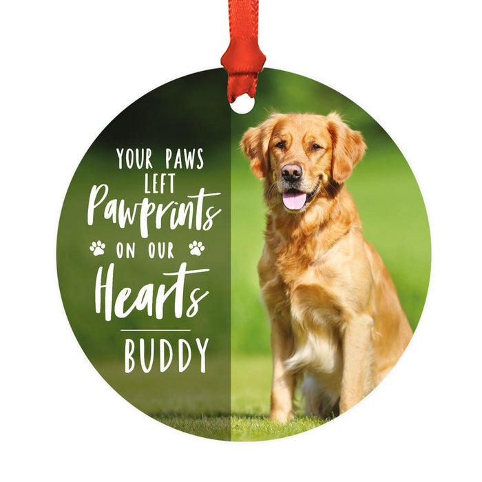 Photo Personalized Round Metal Christmas Dog Ornament Keepsake, Pet Memorial Ideas-Set of 1-Andaz Press-Pawprints-
