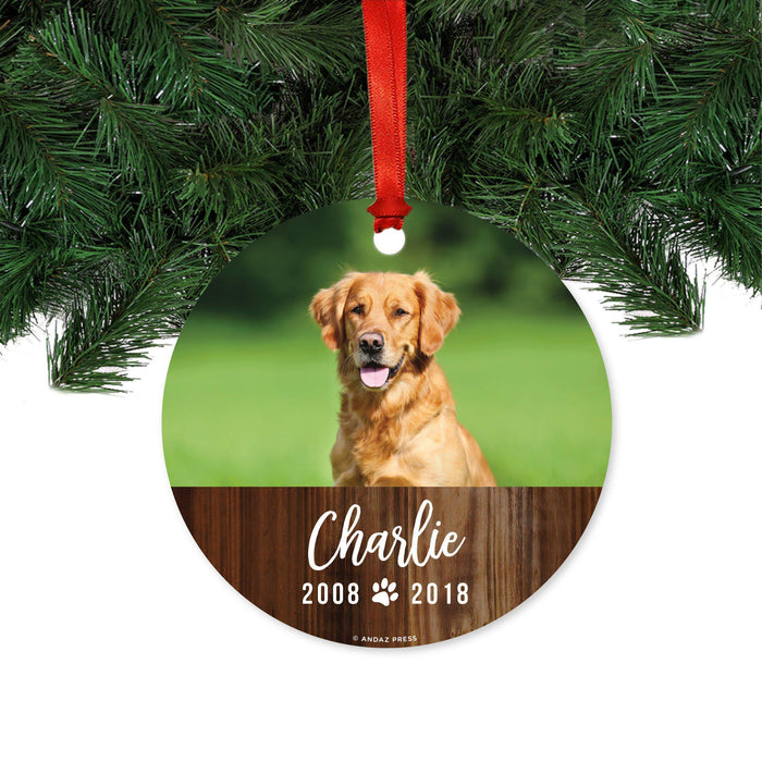 Photo Personalized Rustic Wood Memorial Pet Round Metal Christmas Ornament, Custom Name-Set of 1-Andaz Press-