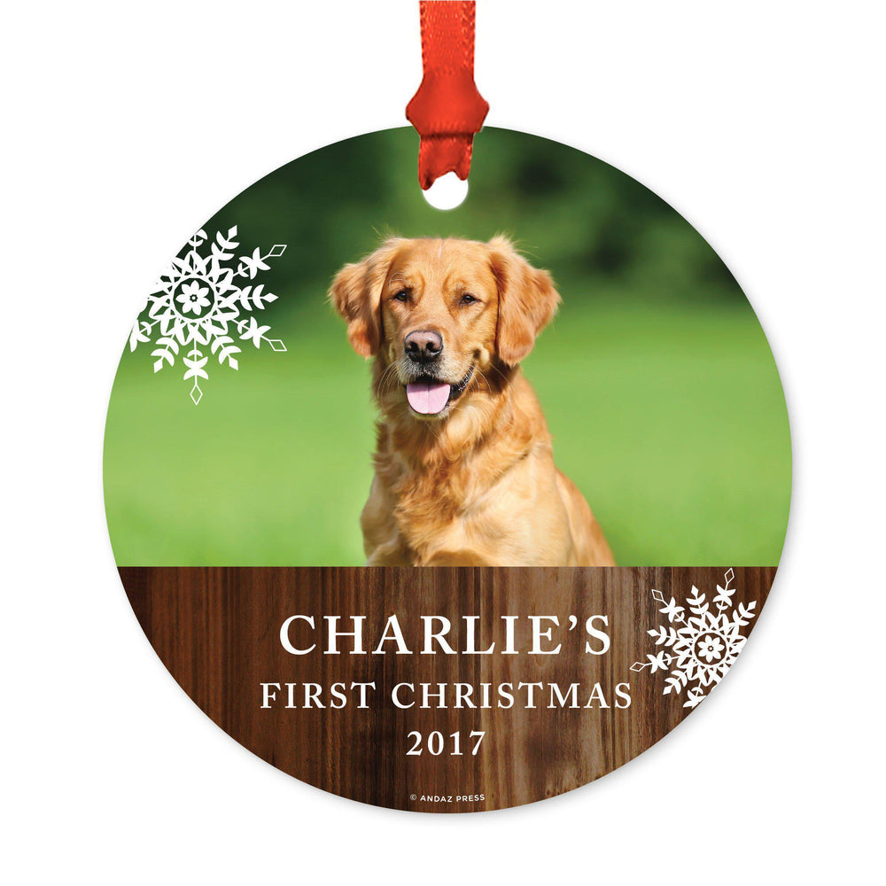 Photo Personalized Rustic Wood Pet Round Metal Christmas Ornament-Set of 1-Andaz Press-