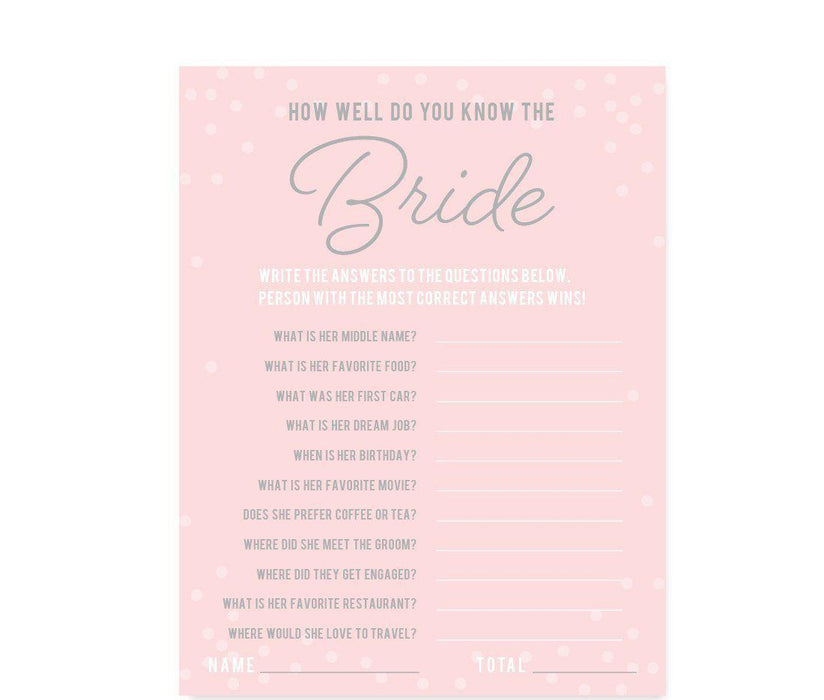 Pink Blush and Gray Pop Fizz Clink Wedding Bridal Shower Game Cards-Set of 20-Andaz Press-How Well Do You Know The Bride?-