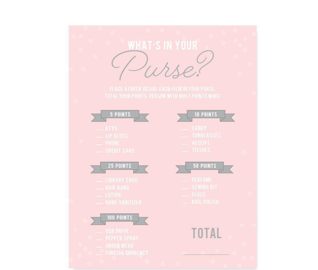 Pink Blush and Gray Pop Fizz Clink Wedding Bridal Shower Game Cards-Set of 20-Andaz Press-What's In Your Purse?-