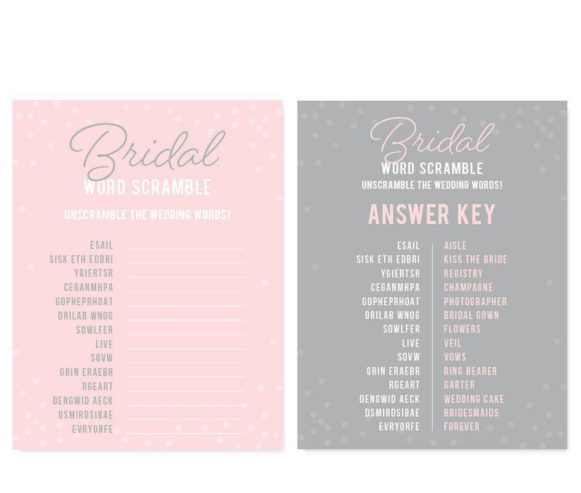 Pink Blush and Gray Pop Fizz Clink Wedding Bridal Shower Game Cards-Set of 20-Andaz Press-Word Scramble-