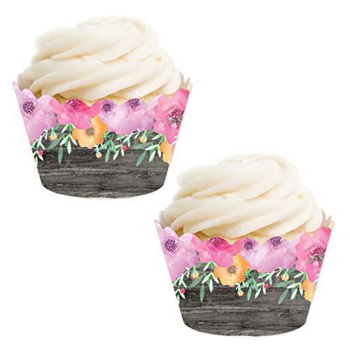 Pink Floral Flowers on Gray Wood Cupcake Wrappers-set of 24-Andaz Press-