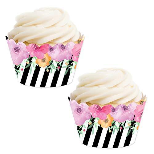 Pink Floral Flowers with Black and White Stripes Cupcake Wrapper-set of 24-Andaz Press-