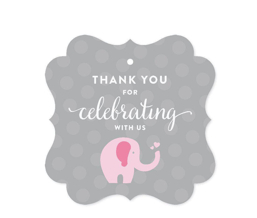 Pink Girl Elephant Baby Shower Fancy Frame Gift Tags-Set of 24-Andaz Press-Thank You For Celebrating With Us!-