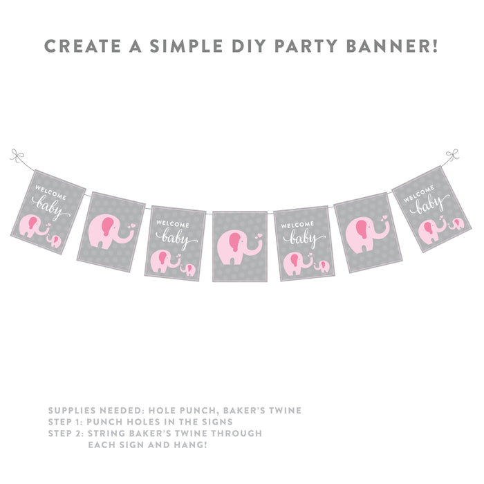 Pink Girl Elephant Baby Shower Party Signs & Banner Decorations-Set of 20-Andaz Press-