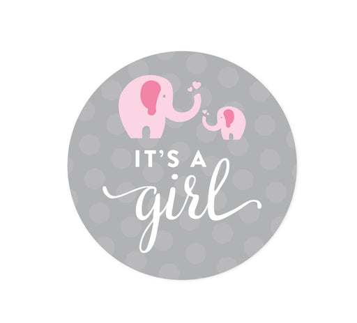 Pink Girl Elephant Baby Shower Round Circle Label Stickers-Set of 40-Andaz Press-It's A Girl-