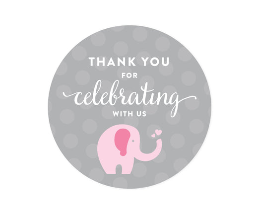 Pink Girl Elephant Baby Shower Round Circle Label Stickers-Set of 40-Andaz Press-Thank You For Celebrating With Us!-