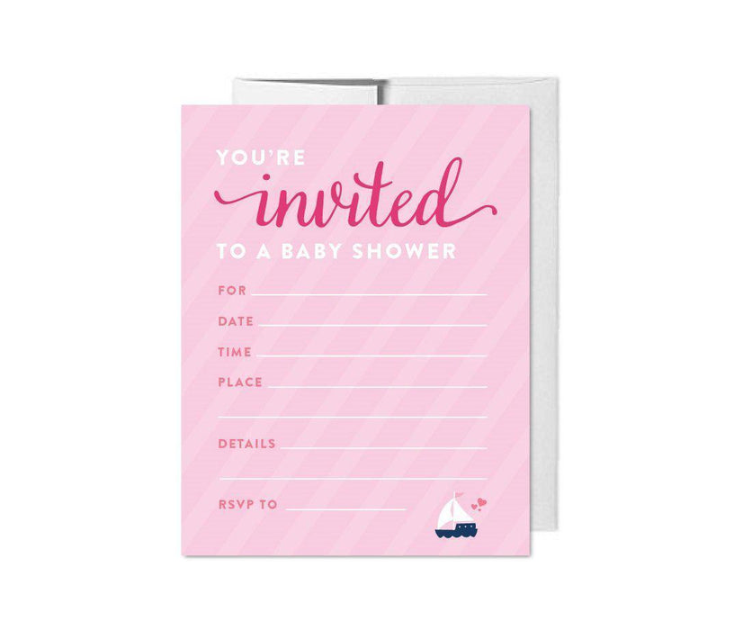 Pink Girl Nautical Baby Shower Blank Invitations-Set of 20-Andaz Press-