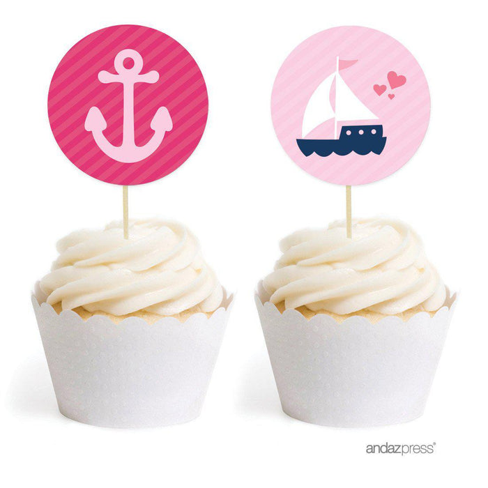 Pink Girl Nautical Baby Shower Cupcake Topper DIY Party Favors Kit-Set of 20-Andaz Press-