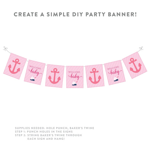 Pink Girl Nautical Baby Shower Party Signs & Banner Decorations-Set of 20-Andaz Press-