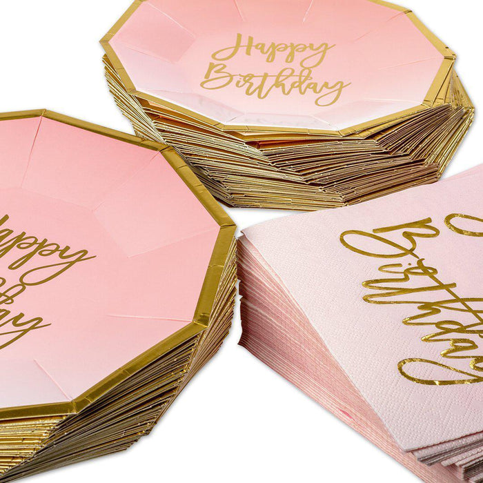 Pink Ombre With Gold Foil Happy Birthday Tableware Kit-Set of 50-Koyal Wholesale-