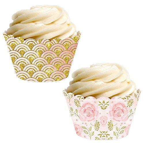 Pink Roses and Blush Pink and Gold Design Cupcake Wrappers-set of 24-Andaz Press-