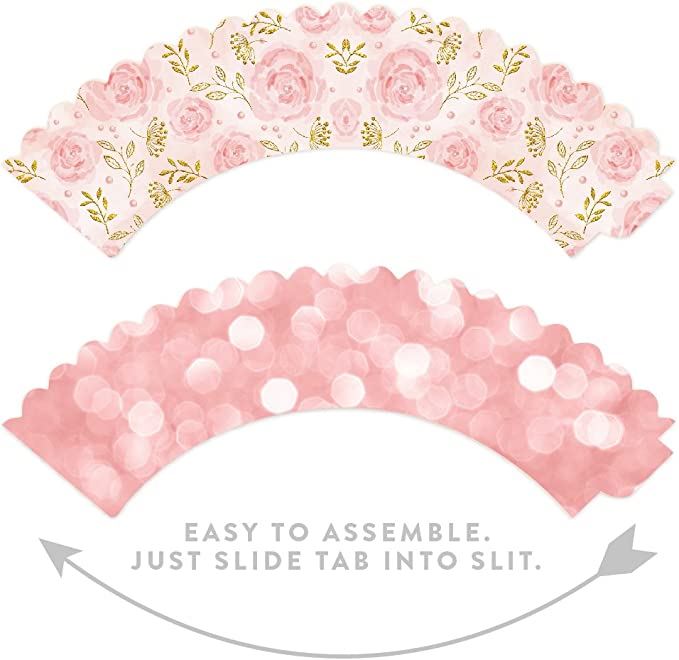Pink Roses and Bokeh Pink Glitter Cupcake Wrappers-set of 24-Andaz Press-