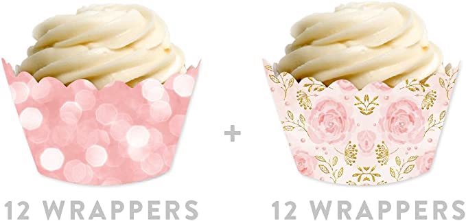 Pink Roses and Bokeh Pink Glitter Cupcake Wrappers-set of 24-Andaz Press-