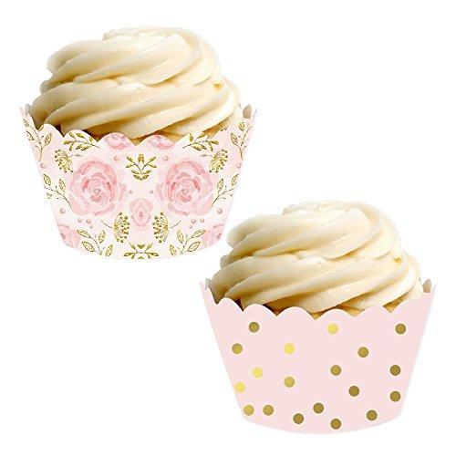 Pink Roses and Pink with Metallic Gold Ink Polka Dots Cupcake Wrapper-set of 24-Andaz Press-