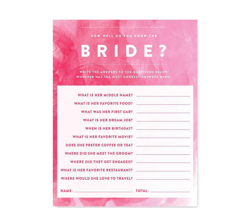 Pink Watercolor Wedding Bridal Shower Game Cards-Set of 20-Andaz Press-What's In Your Purse?-
