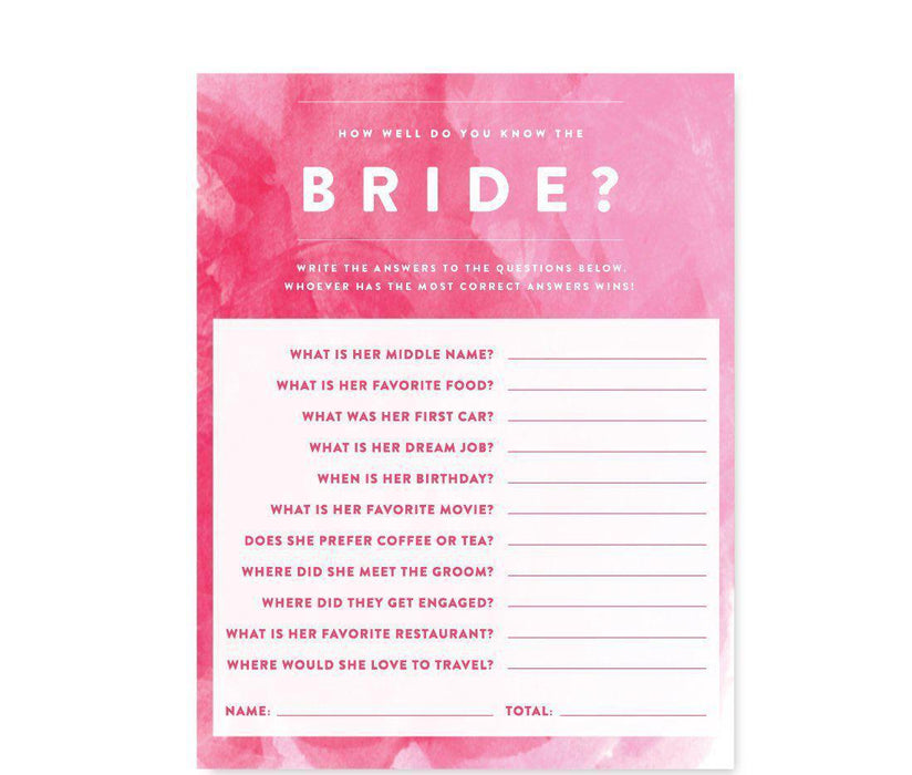 Pink Watercolor Wedding Bridal Shower Game Cards-Set of 20-Andaz Press-How Well Do You Know The Bride?-