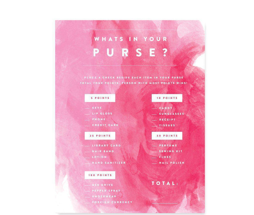 Pink Watercolor Wedding Bridal Shower Game Cards-Set of 20-Andaz Press-What's In Your Purse?-