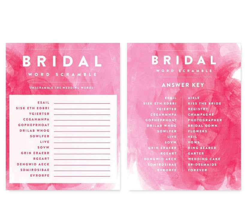 Pink Watercolor Wedding Bridal Shower Game Cards-Set of 20-Andaz Press-Word Scramble-