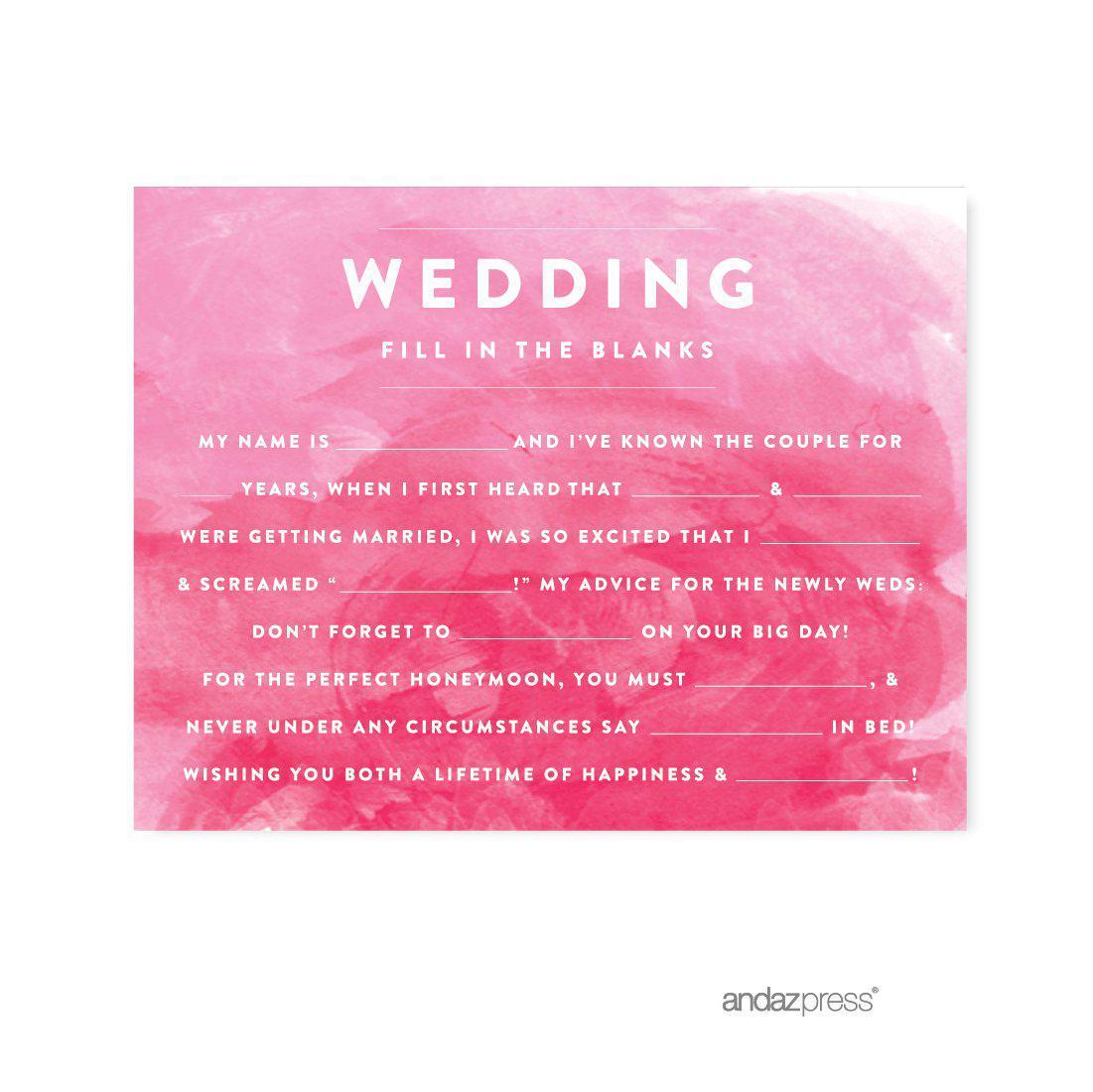 Pink Watercolor Wedding Cards Guest Book Alternative-Set of 20-Andaz Press-Fill-In-The-Blank - Newlyweds-