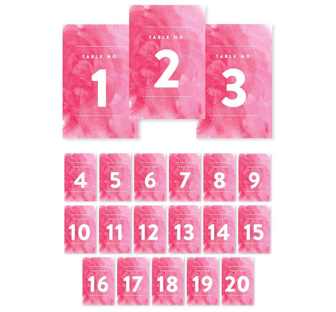 Pink Watercolor Wedding Table Numbers-Set of 20-Andaz Press-1-20-